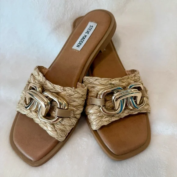 Steve Madden Gene Raffia Gold Chain Embellished Slide Sandals - Picture 6 of 7